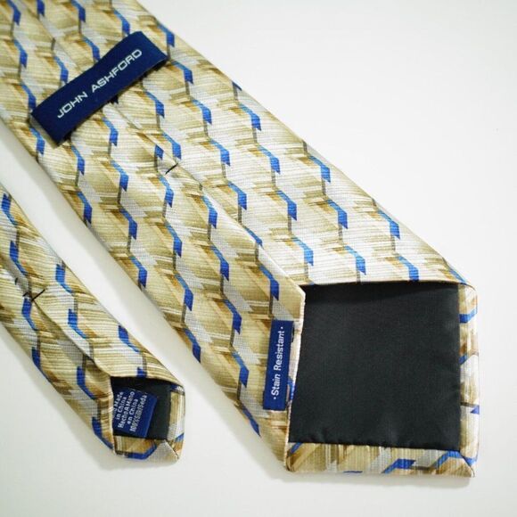 John Ashford Yellow Blue Geometric Abstract Jacquard Print Silk Tie - Picture 6 of 7